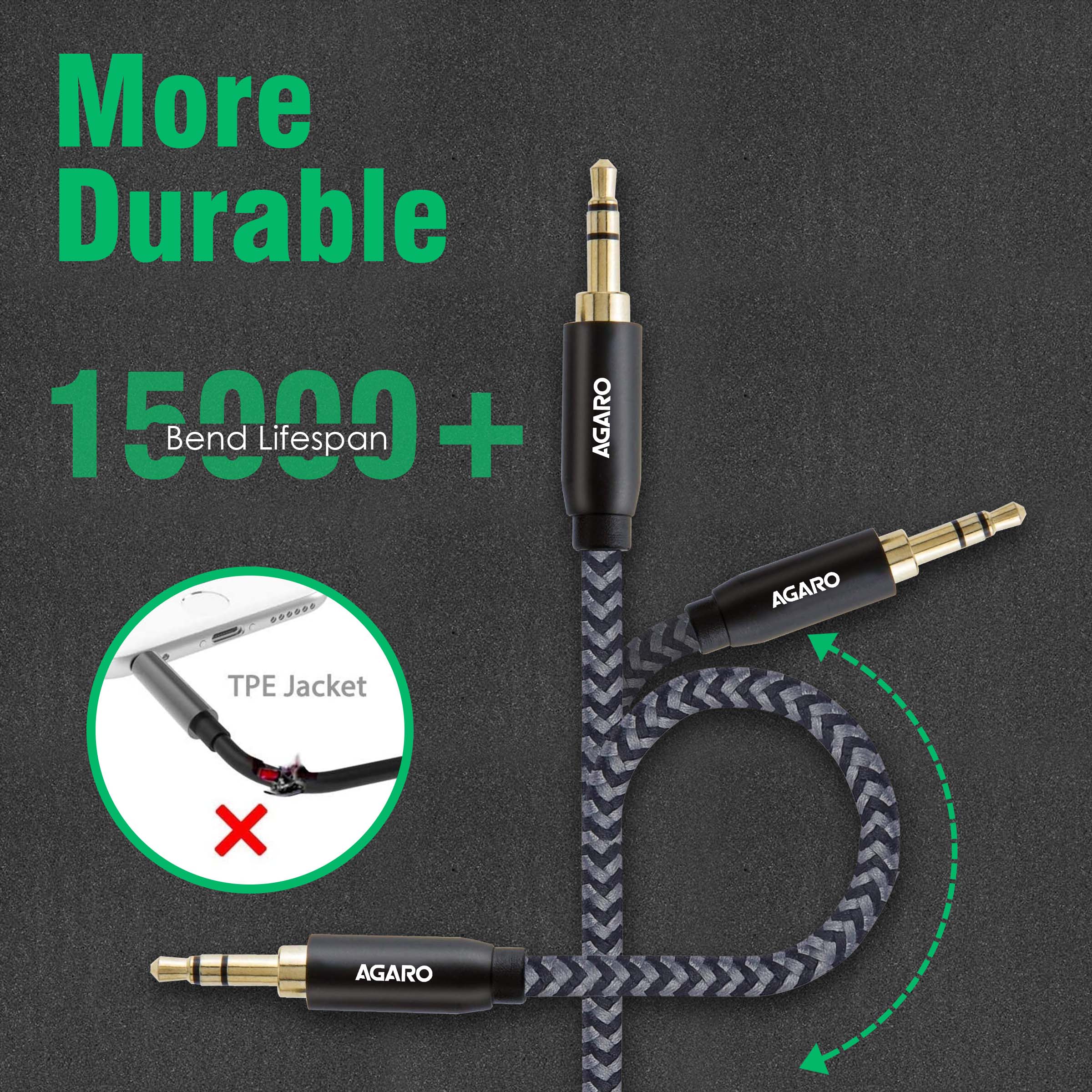 3.5mm Audio Cable Nylon Braided 24K Gold Plated Aux Cord Male to Male Stereo Hi-Fi Sound for Headphone, Tablets, Smartphone, Media Players & More 2M/ 200CM/ 5.6 Ft, Silver & Black - Image 3