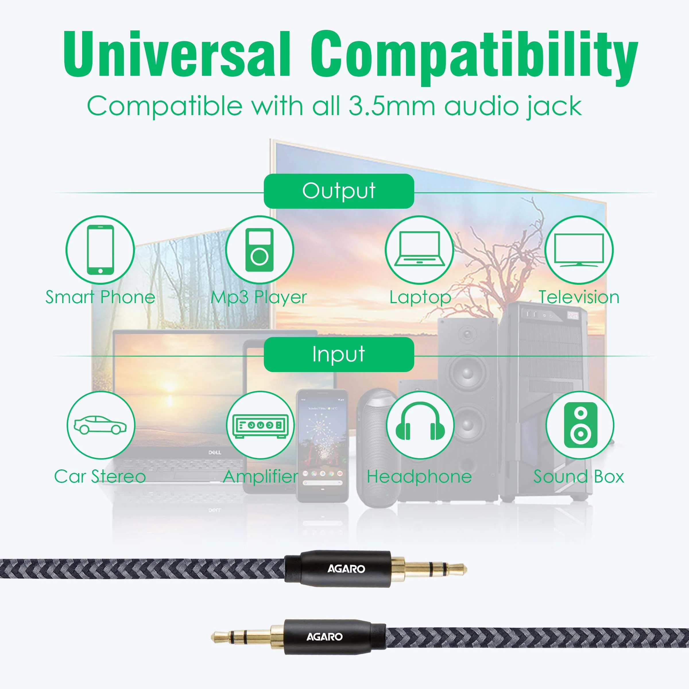 3.5mm Audio Cable Nylon Braided 24K Gold Plated Aux Cord Male to Male Stereo Hi-Fi Sound for Headphone, Tablets, Smartphone, Media Players & More 2M/ 200CM/ 5.6 Ft, Silver & Black - Image 4
