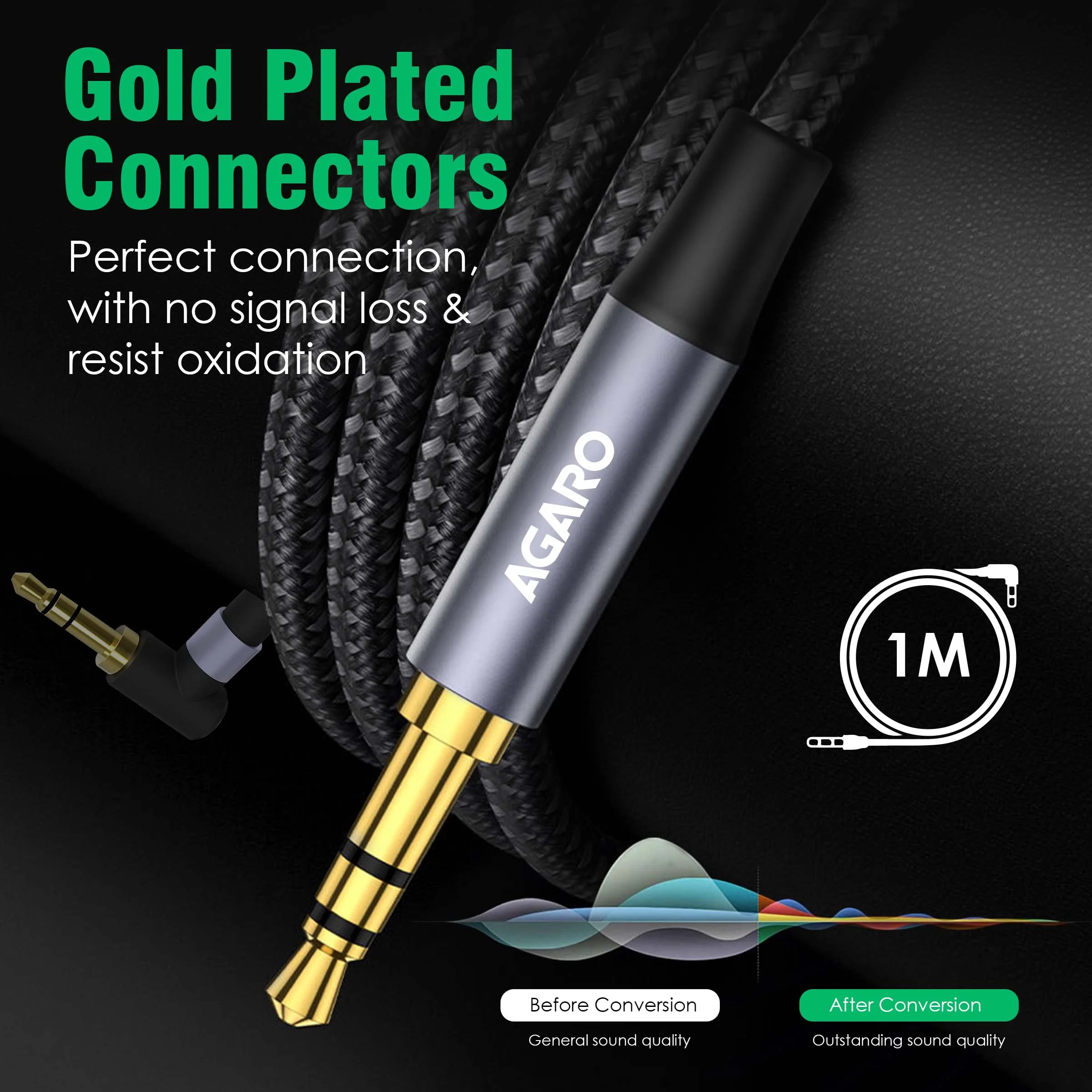 3.5mm Audio Cable Stereo Aux 90 Degree Right Angle Aux Cable 24K Gold Plated Male to Male Hi-Fi Sound for Car, Home Stereos, Speakers & More 1M/ 100CM/ 3.2 Ft, Silver & Black - Image 5