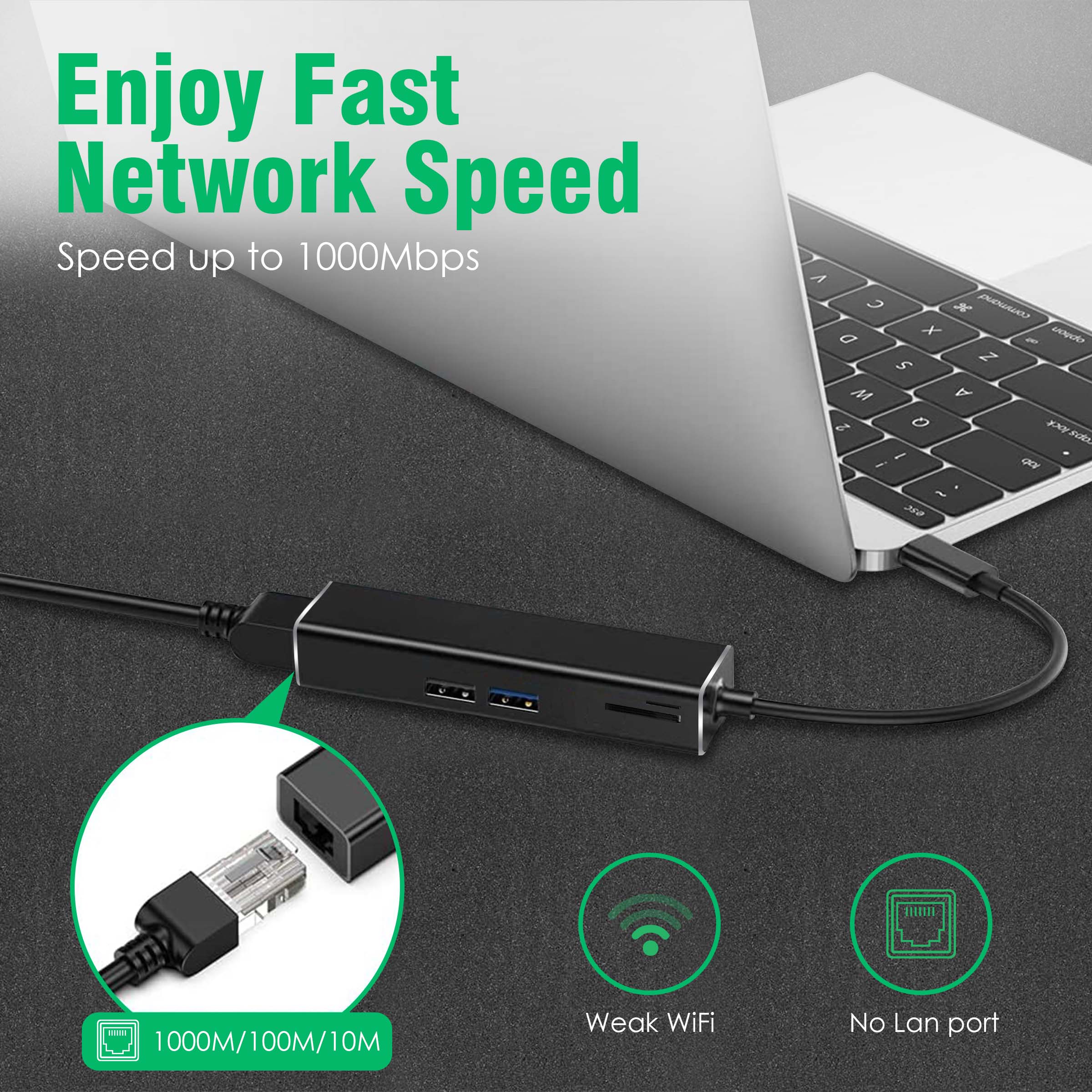 5in1 Type C to USB A + MMC + Ethernet Converter, 2 USB 3.0, SD And TF Card Reader for Smartphone, Charging Adapter (Black) - Image 2