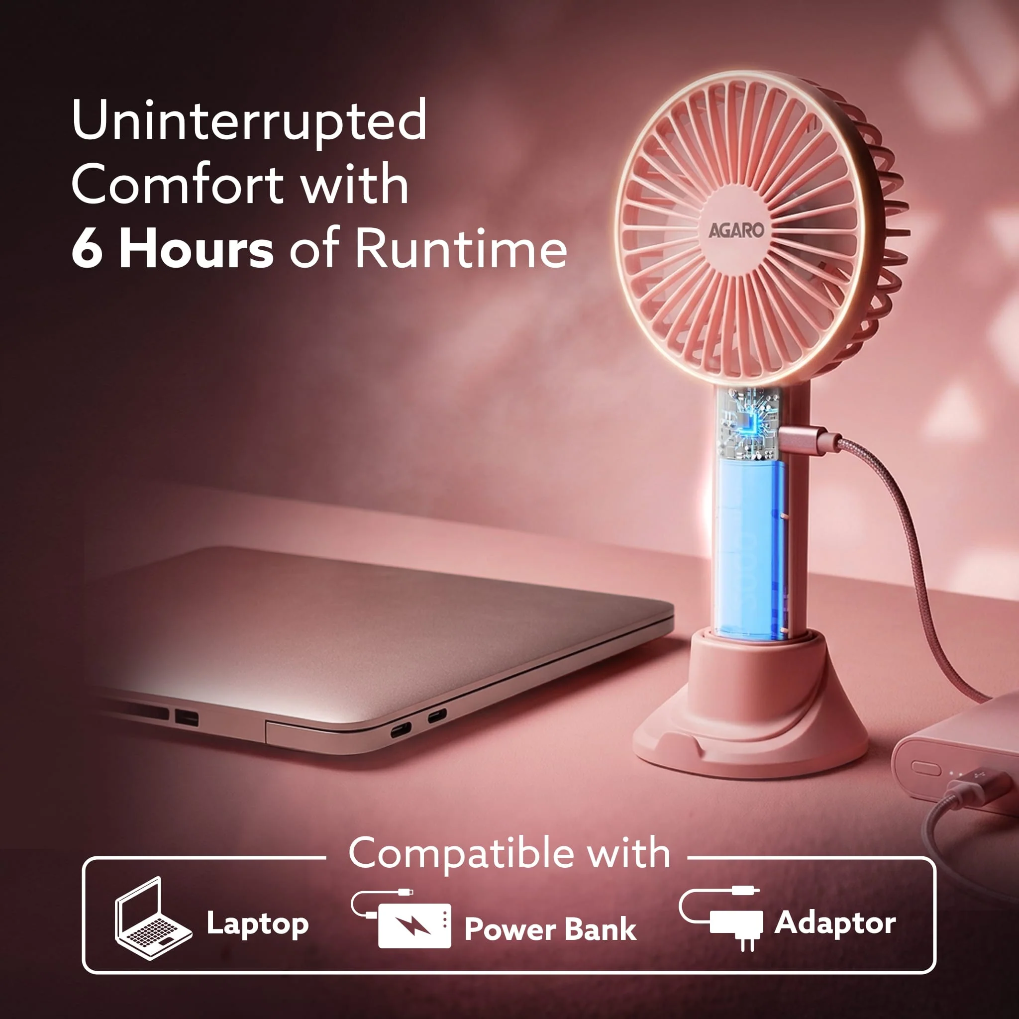 Elite Mini Fan,  4 inches, Rechargeable Lithium-Ion with 2600 mAh Battery, 3 Speed Option, Handheld and Table Dock Fan for Home, Kitchen, Office Desk, High Speed, Pink - Image 3