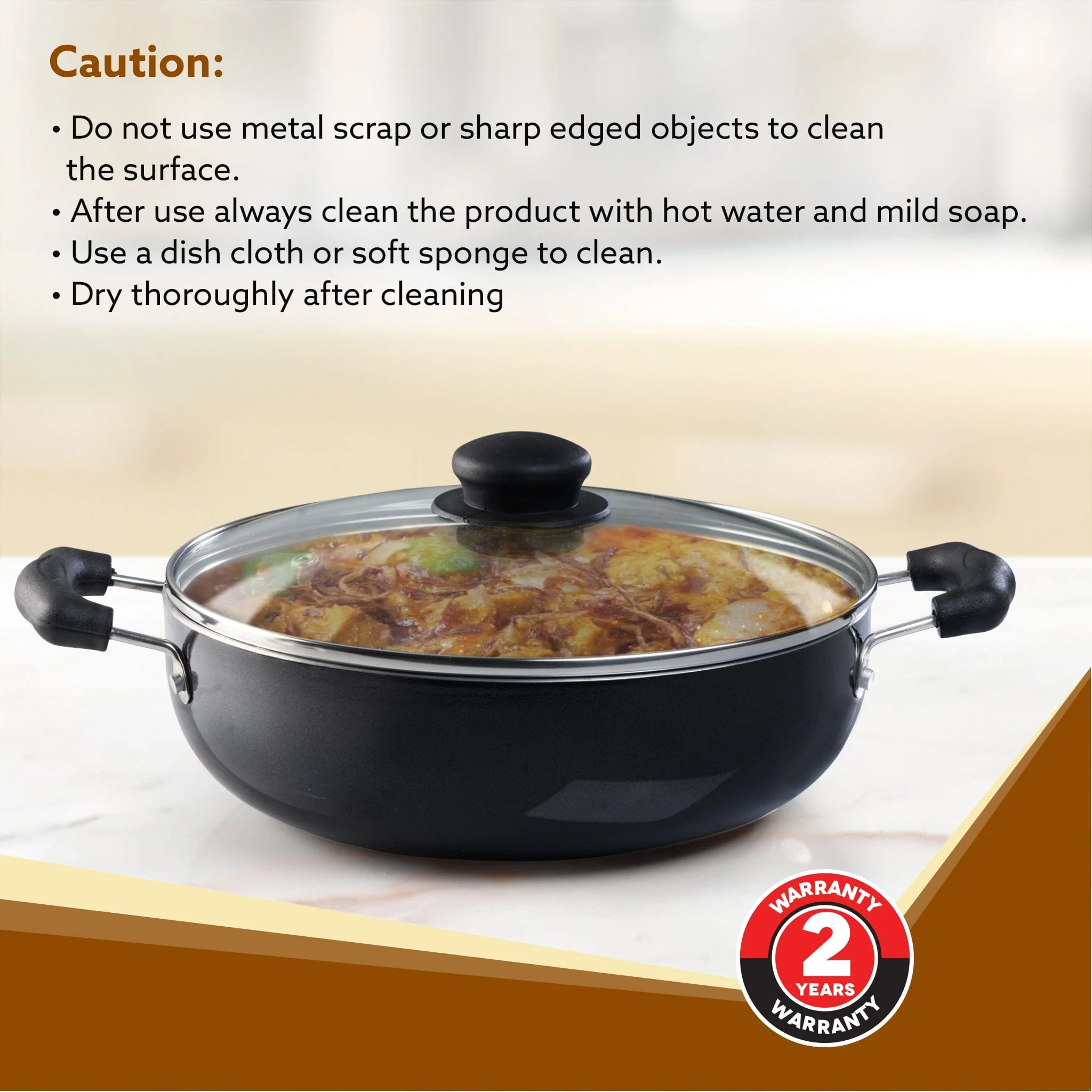 Elegant Non Stick Kadai with Glass Lid, 2.5L Capacity, 24 cm Diameter, Induction & Gas Oven Friendly, 3mm Thick, Riveted Cool Touch Handle, Granite Finish,  PFOA Free, Cooking, Frying, Serving, cookware, Black - Image 6