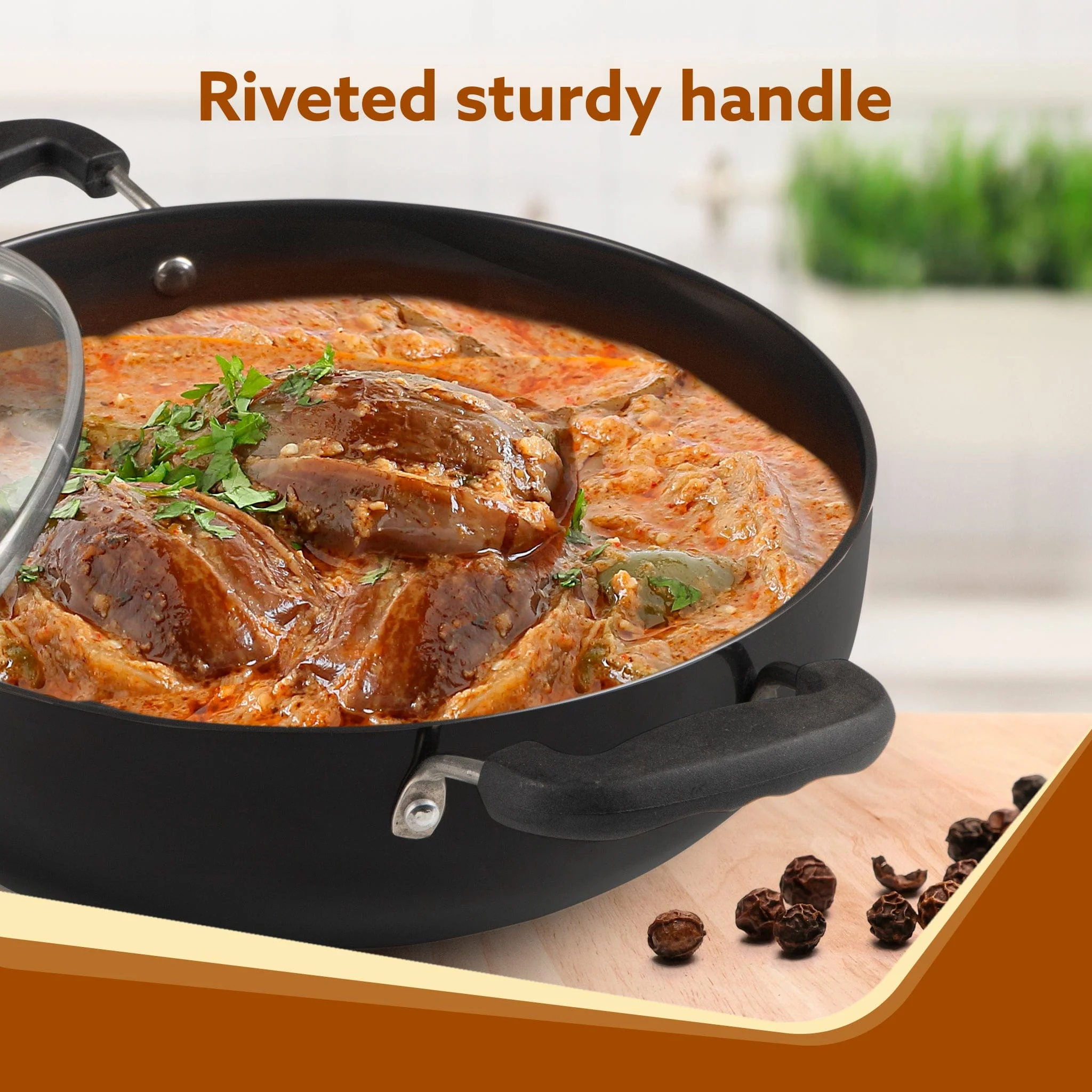 Elite Hard Anodised Kadhai With Glass Lid, 3.85L Capacity, 28 cm Diameter, Gas Oven Compatible, Riveted handle, 3mm thick plate, Cooking, Frying, Serving, Black - Image 4