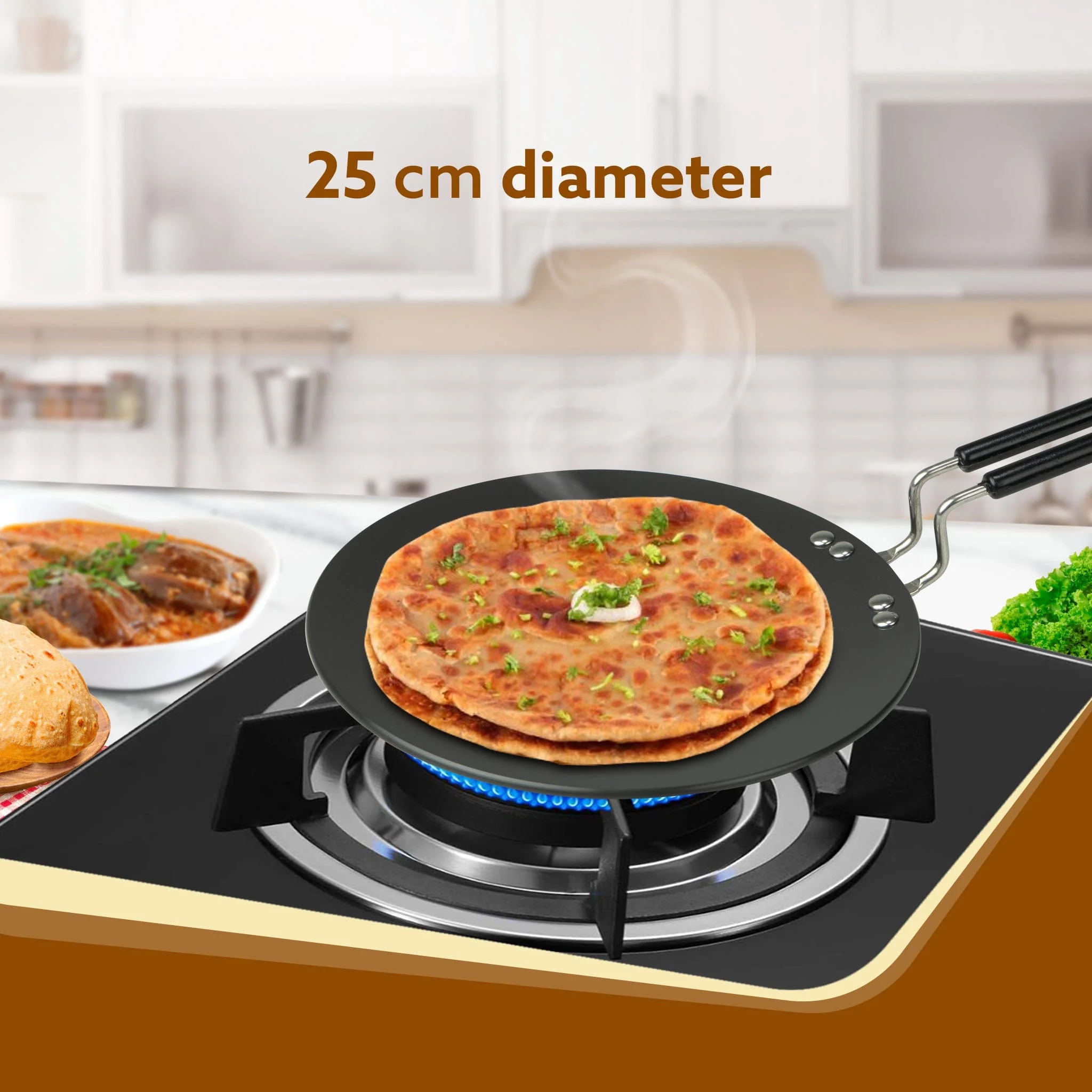 Elite Hard Anodised Tawa, 25cm  diameter, Riveted handle, 3 mm thick plate, Gas Oven Compatible, Cooking, Cookware, Black - Image 2