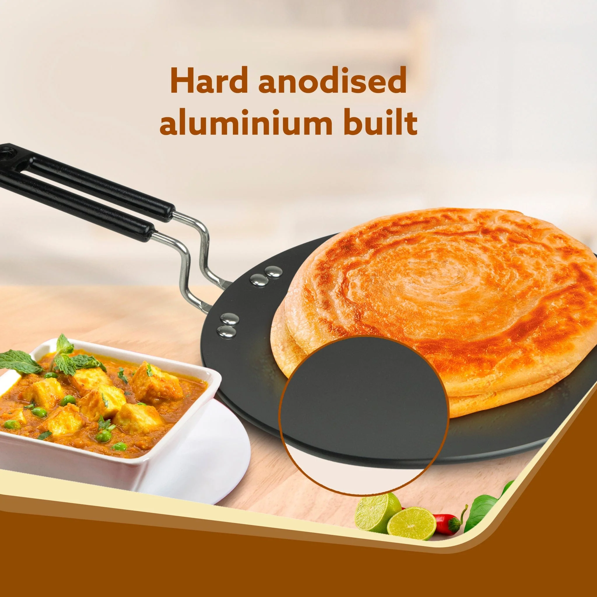 Elite Hard Anodised Tawa, 25cm  diameter, Riveted handle, 3 mm thick plate, Gas Oven Compatible, Cooking, Cookware, Black - Image 3