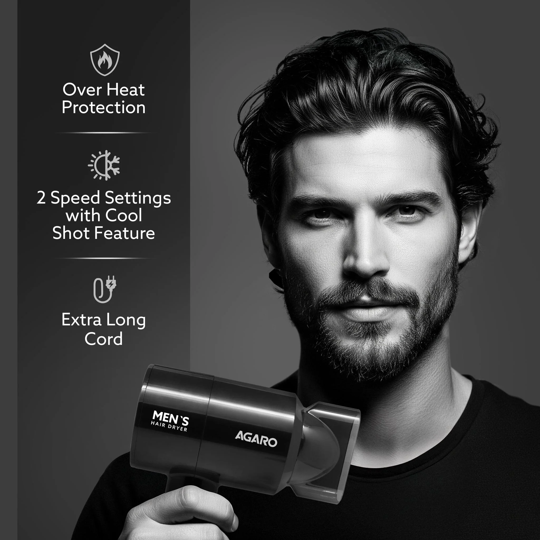 Hair Dryer for Men, 1200 Watts, 2 Heat Speed and Cool Mode, Foldable (Compact in Size), Black - Image 2