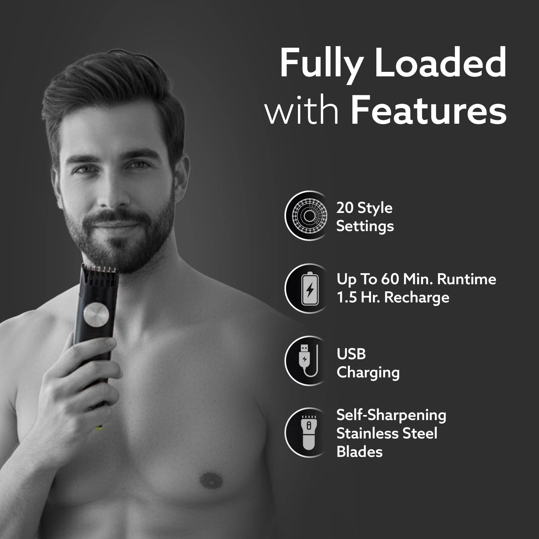 MT 8001 Beard Trimmer for Men, 60min Run Time, USB Charging, Fast Charge, 20 Length Setting, Rechargeable Battery, Black - Image 2