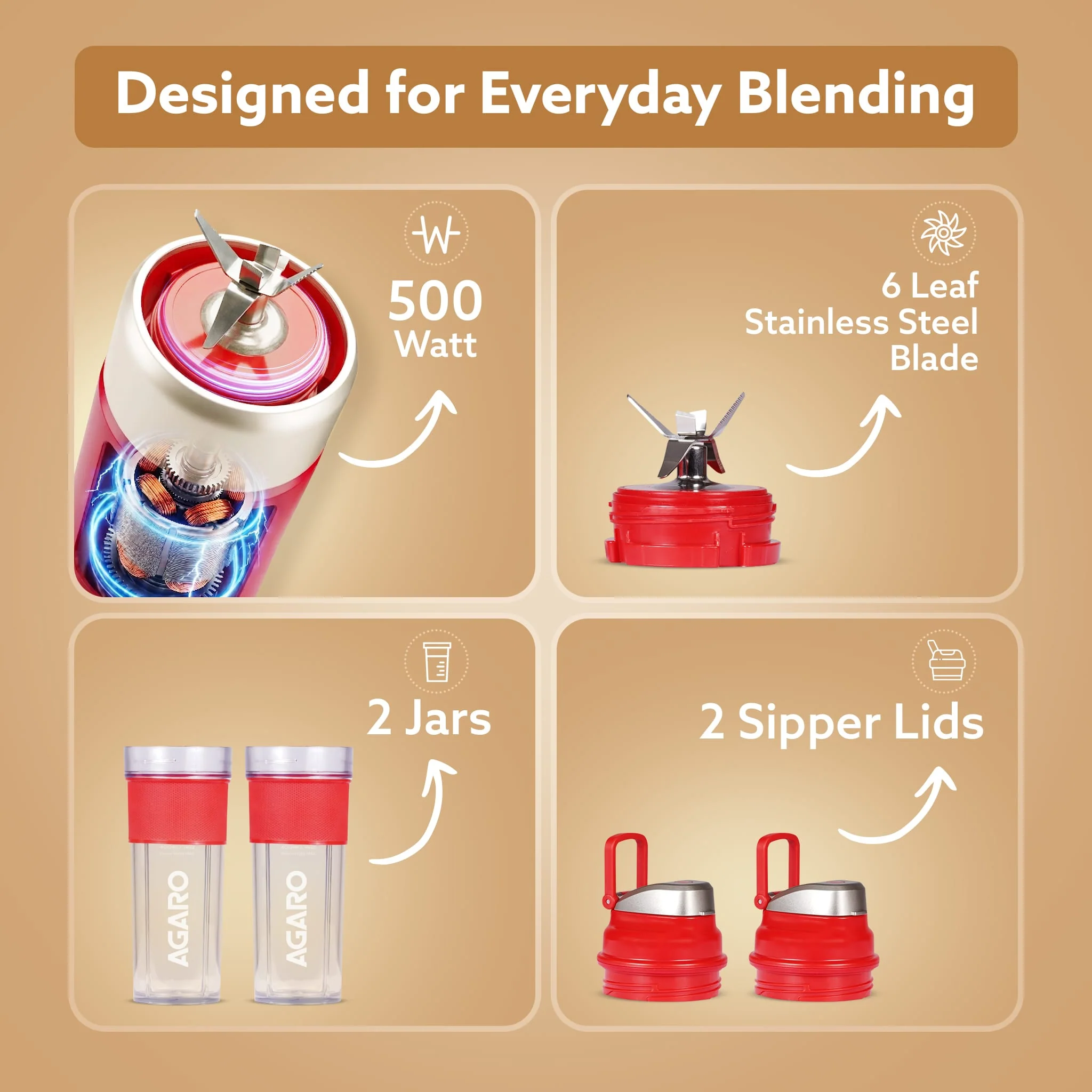 Primo Plus Personal Blender with 2 (500ml) Jars Red - Image 4