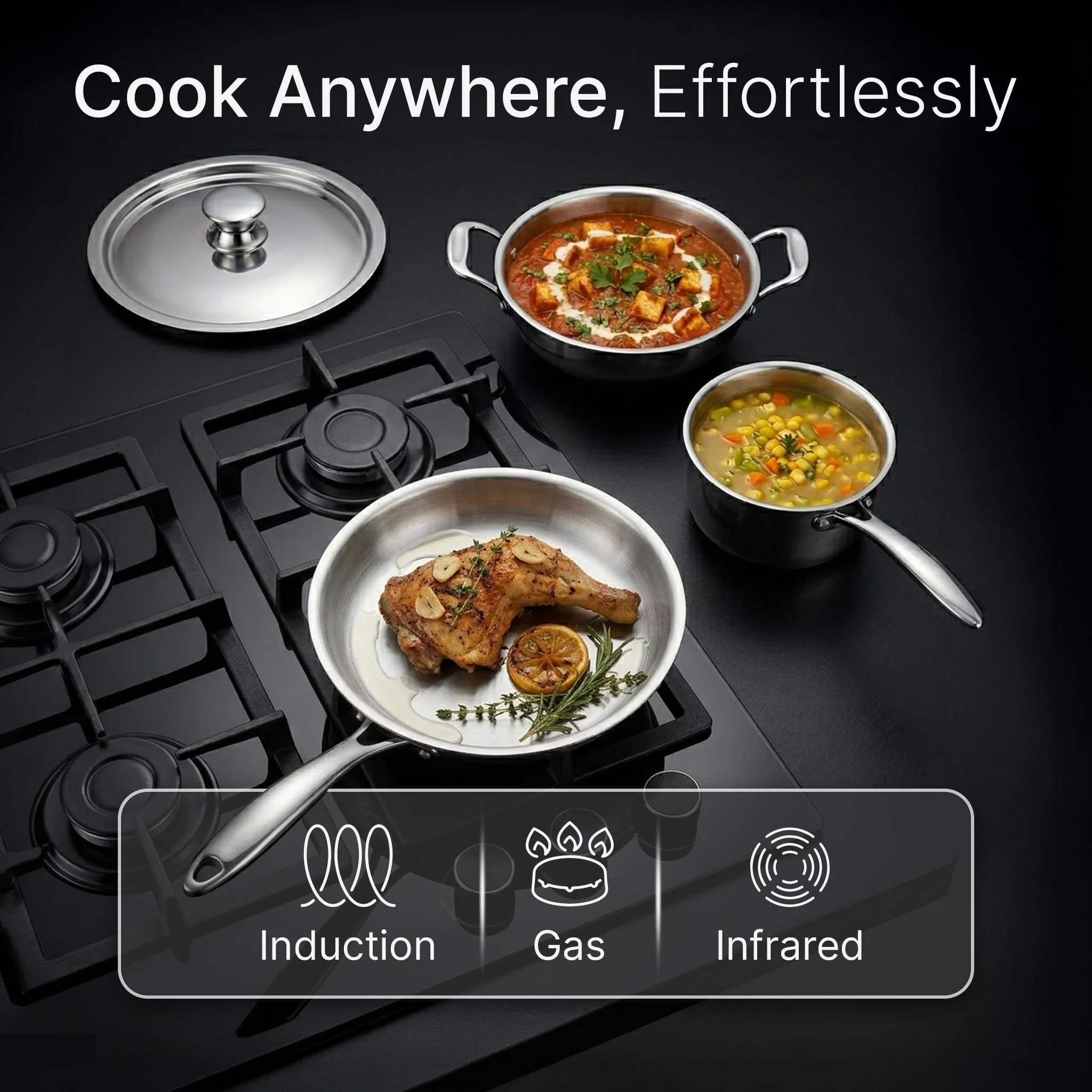 Regency Triply Cookware Set of 3, 24 cm Kadai (2.7L), 24 cm Fry Pan (2.2L) & 16 cm Saucepan (1.5L) - Image 3