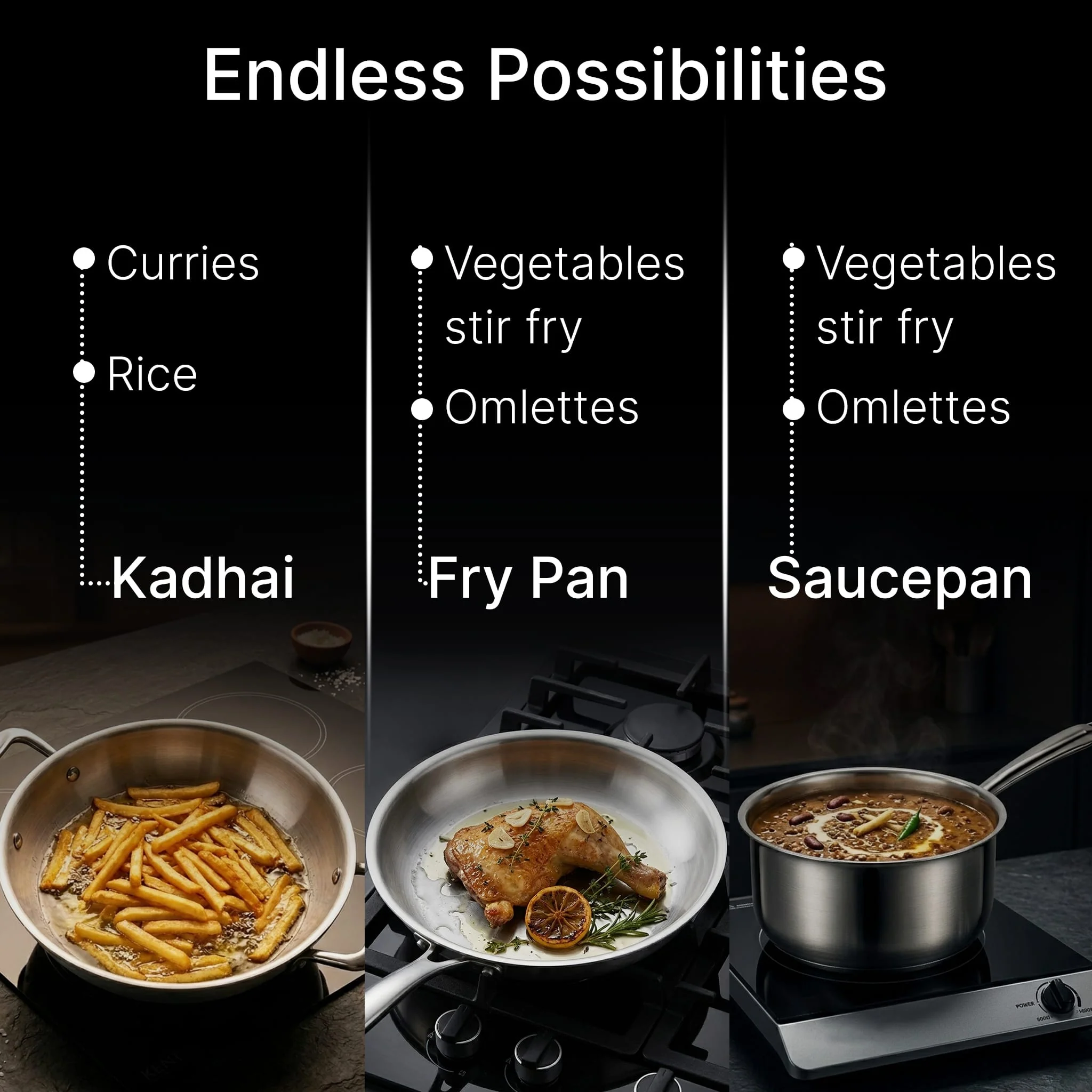Regency Triply Cookware Set of 3, 24 cm Kadai (2.7L), 24 cm Fry Pan (2.2L) & 16 cm Saucepan (1.5L) - Image 6