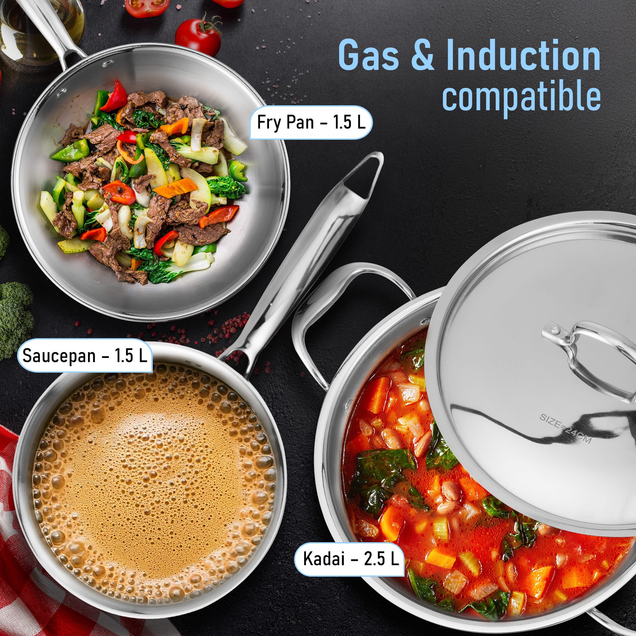 Regency Triply Cookware Set of 3, 24 cm Kadai with Stainless Steel Lid, 22 cm Frying Pan & 16 cm Saucepan - Image 4