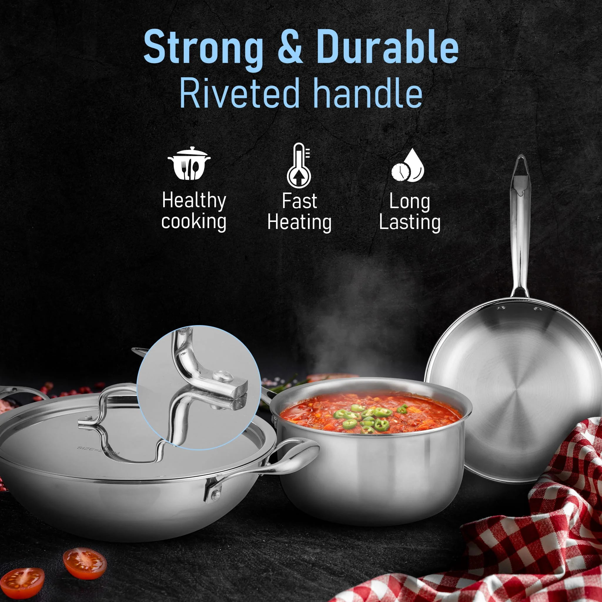 Regency Triply Cookware Set of 3, 24 cm Kadai with Stainless Steel Lid, 22 cm Frying Pan & 16 cm Saucepan - Image 5