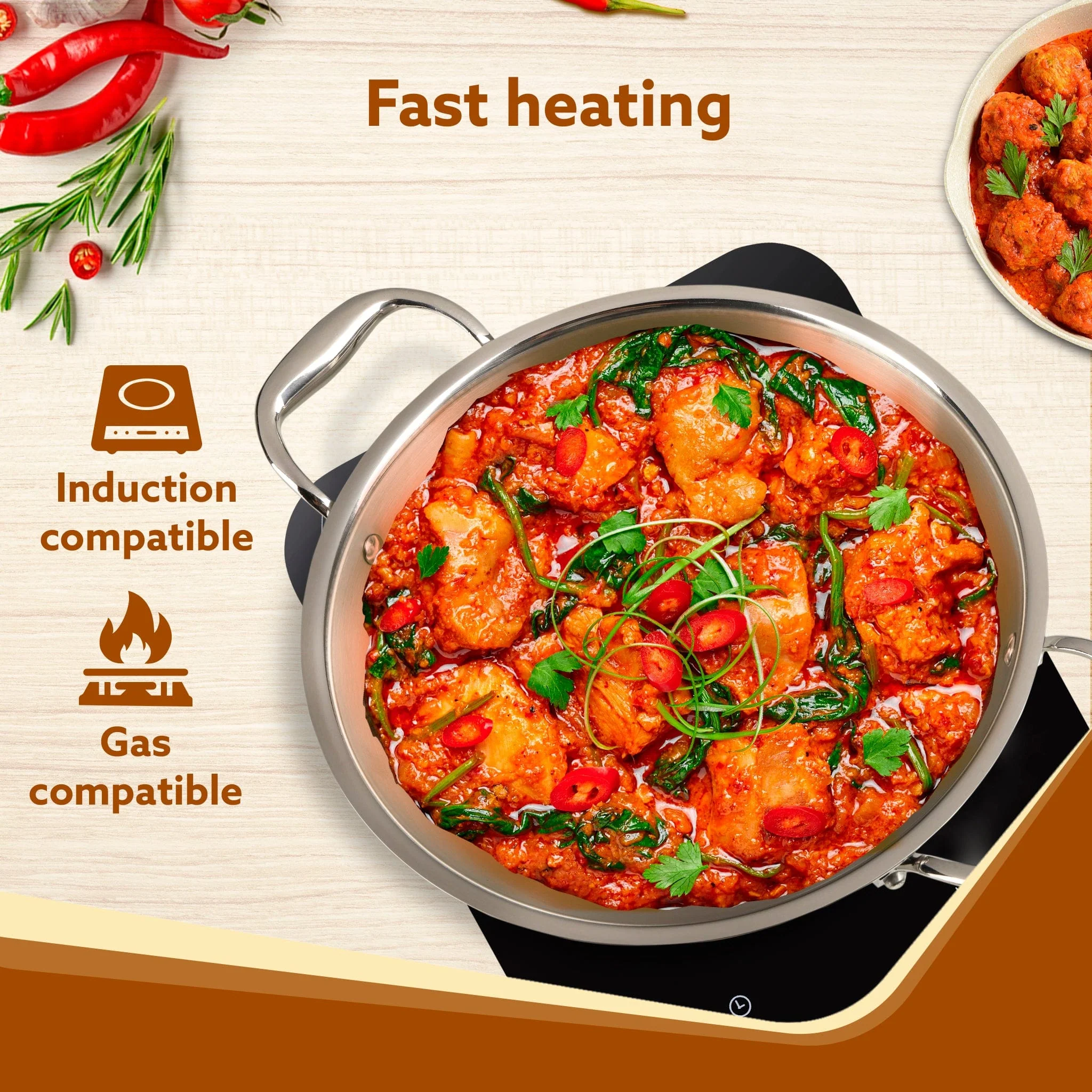 Regency Tri-Ply Steel Kadai, 2.25L Capacity, 24 cm Diameter, Stainless Steel, Riveted  Handle, Food Safe, Gas Oven and Induction Oven Compatible, Cooking, Frying, Serving, Silver - Image 5