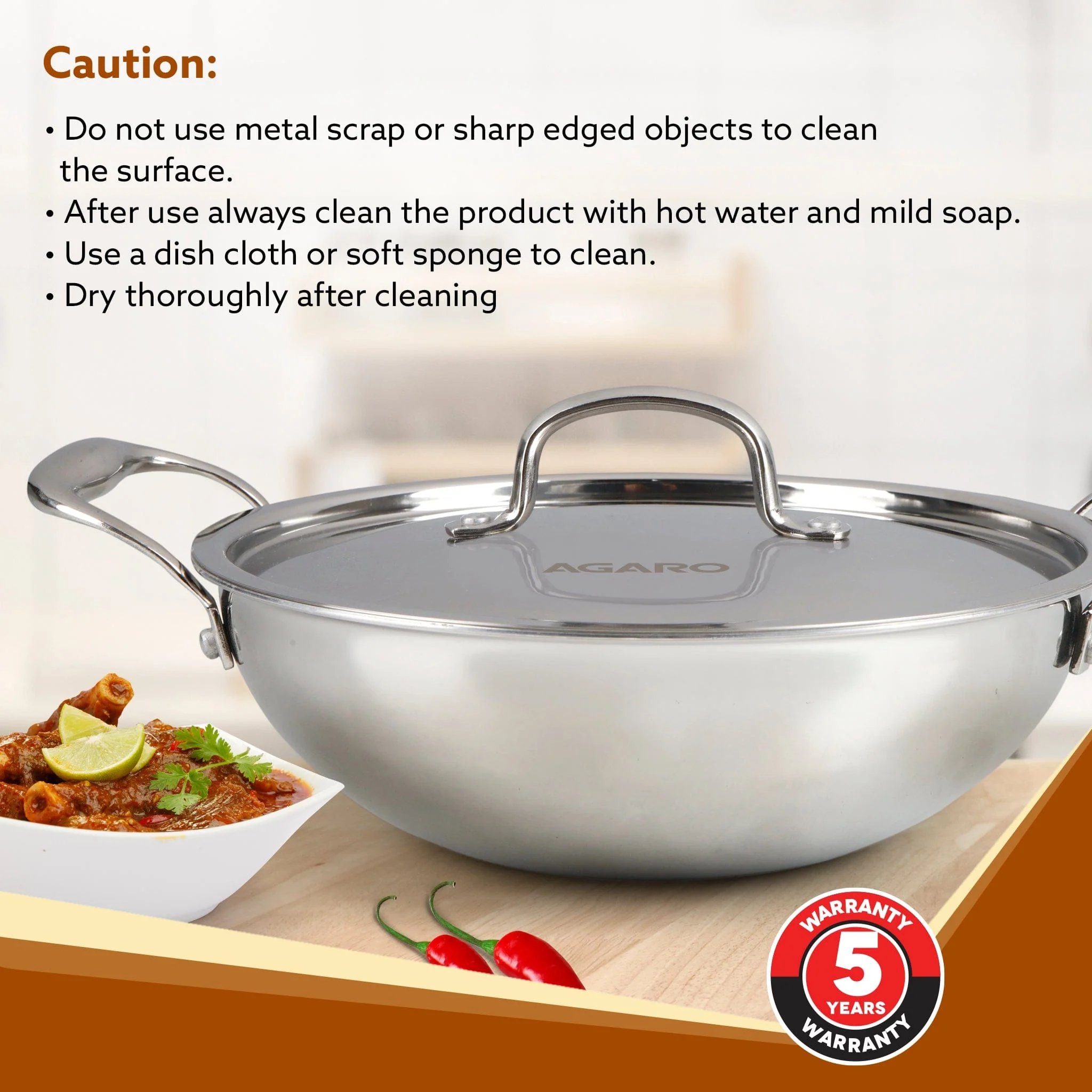 Regency Tri-Ply Steel Kadai, 2.25L Capacity, 24 cm Diameter, Stainless Steel, Riveted  Handle, Food Safe, Gas Oven and Induction Oven Compatible, Cooking, Frying, Serving, Silver - Image 6