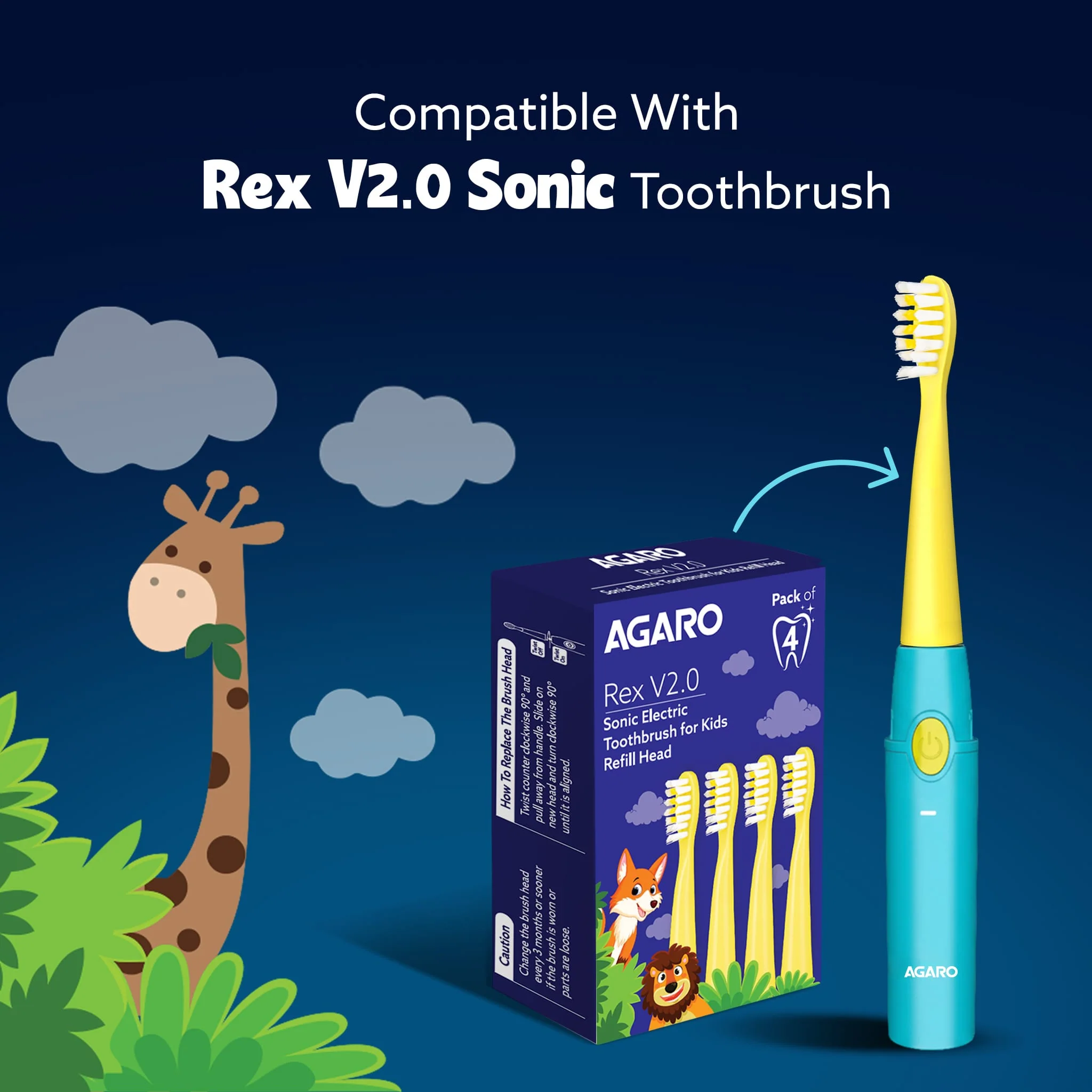 AGARO Rex V2.0 Kids Sonic Toothbrush Refill Heads Pack of 4 - Image 4