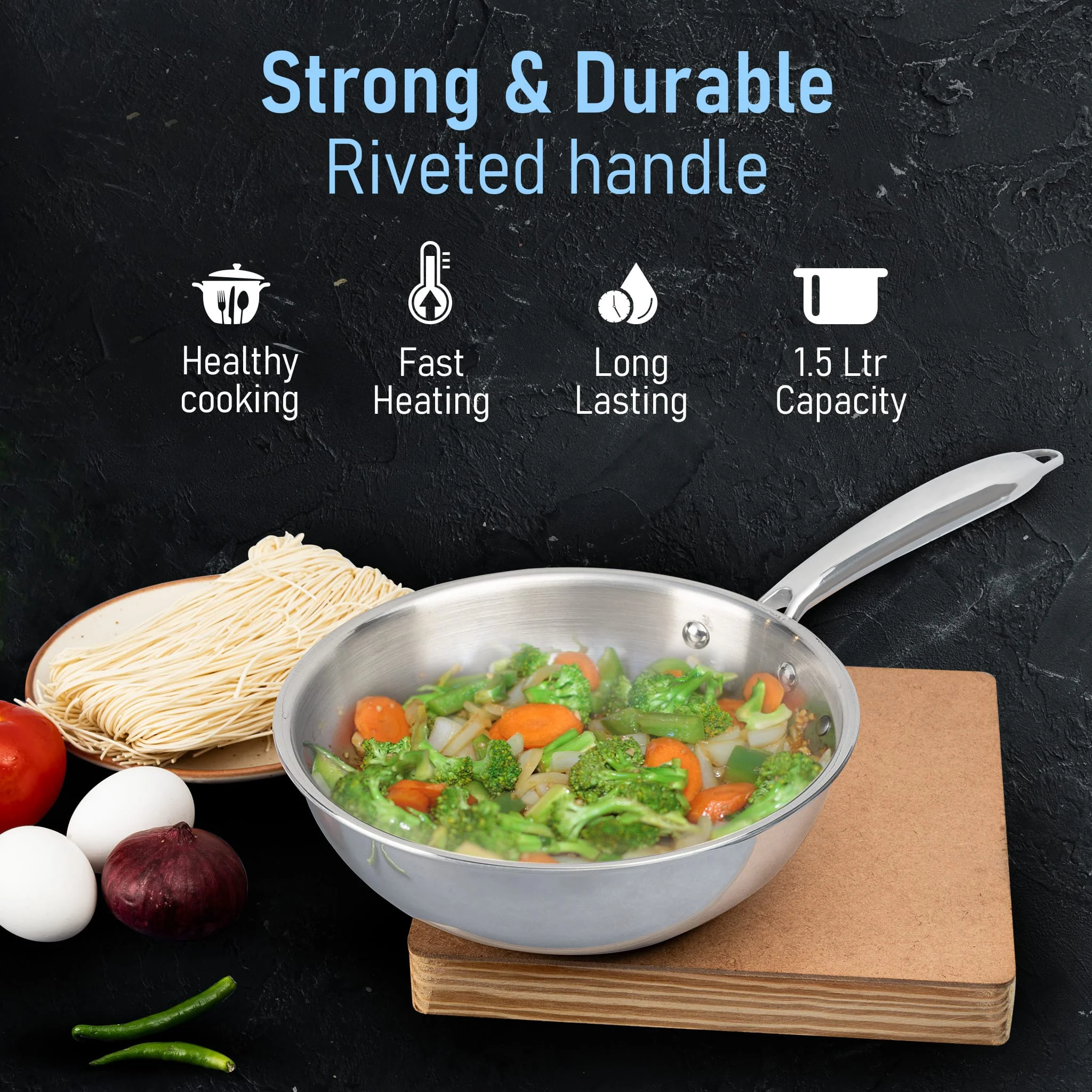 Stainless Steel Regency Triply Wok 20CM, 1.5L - Image 6